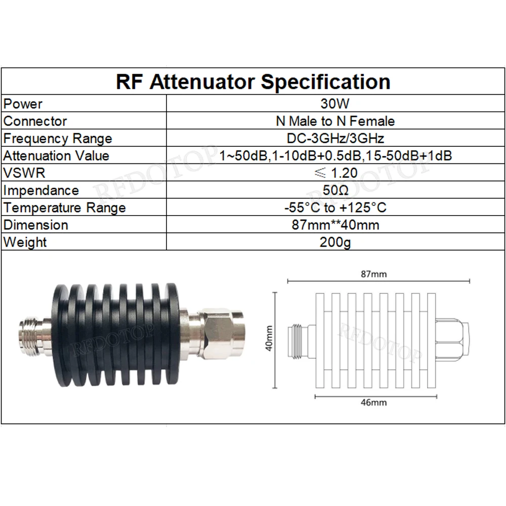 Атенюатор типа N-JK 30 Вт DC-3 ГГц/4 ГГц 1/2/3/5/6/10/15/20/30/40/50 дБ штекер N с гнездом RF