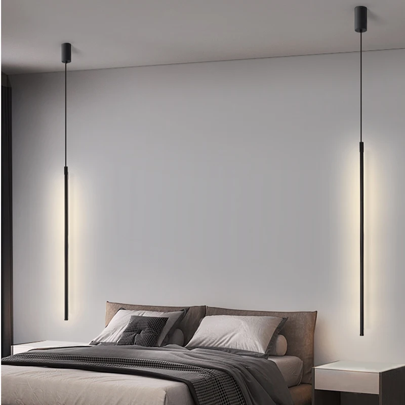 Long Tube LED Pendant Lamps For Bedroom Bedside Illuminaire 60/80/100/120cm Gold Black High Ceiling Hanging Light AC 85-265V