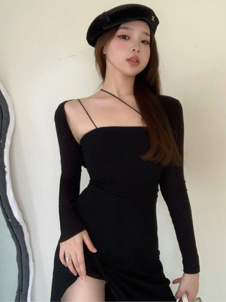 

Suit female summer short black cardigan top temperament French spice slit halter belt dress two pieces of thin