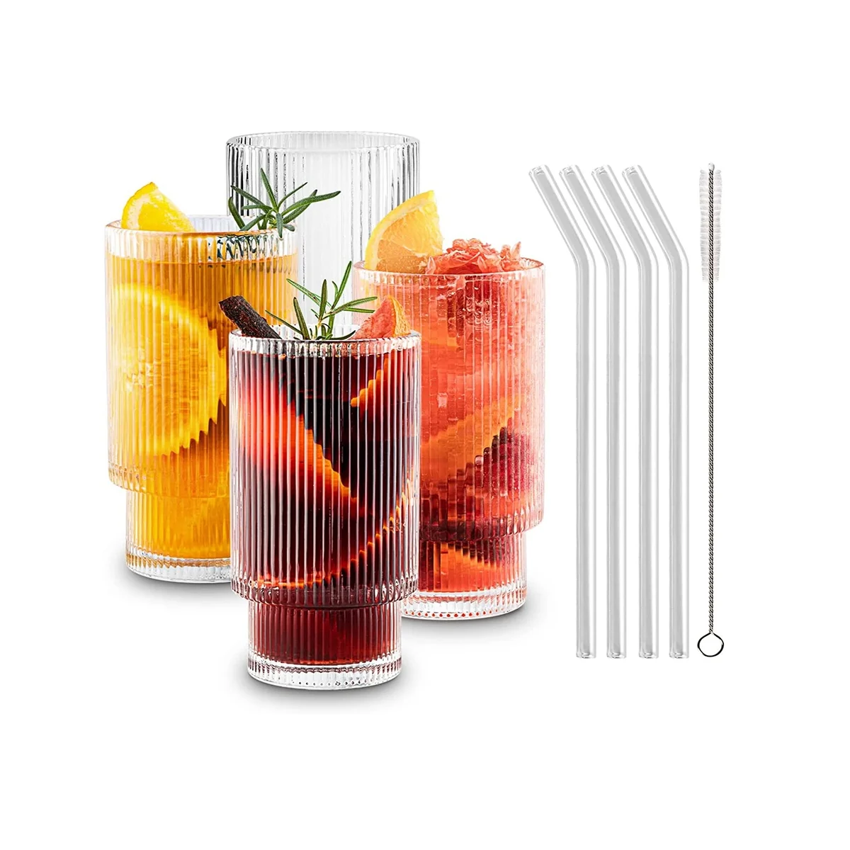 

Ribbed Glass Cups with Straws 12Oz, Drinking Glasses 4, Ribbed Glassware, Cocktail Glasses, Vintage Glassware