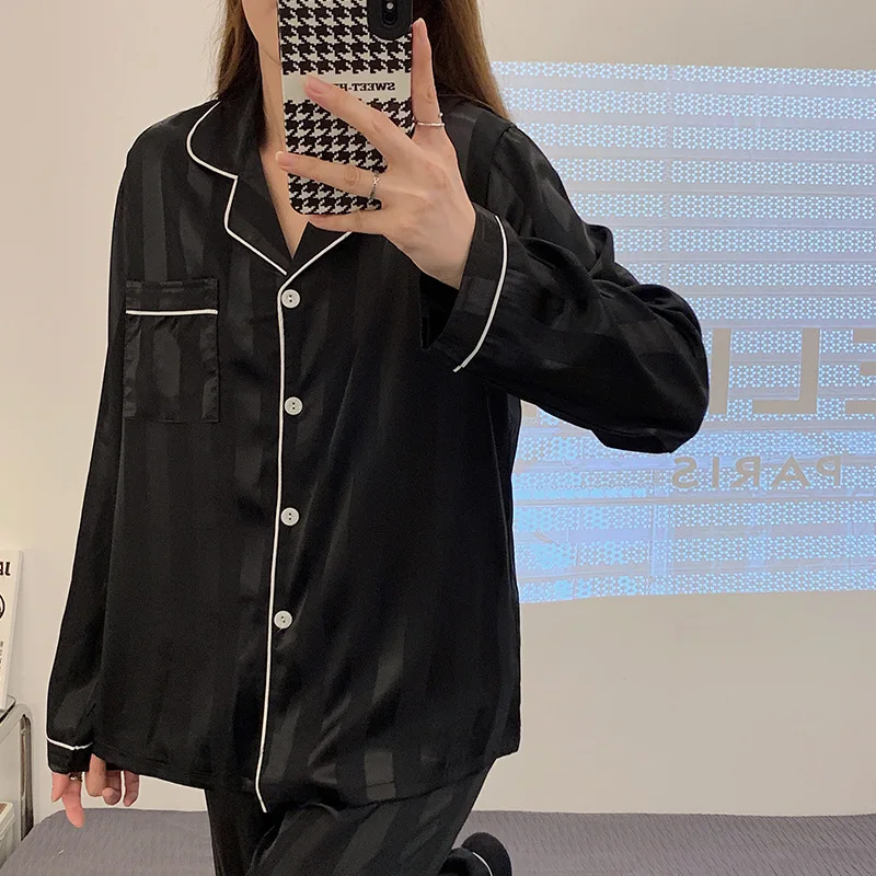 Pijama Sets Sleepwear Pajamas Female Winter Black Stripe Simple Casual Loose Room Wear Sleep Top Pants Two-Pieces Set Loungewear