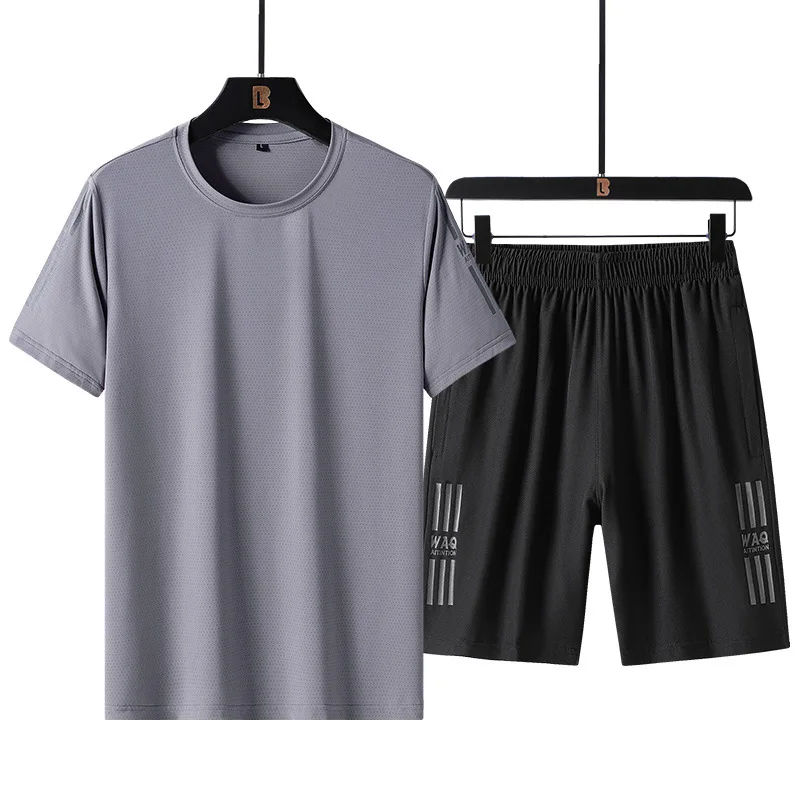 2022 New Summer Men's Ice Silk Sports Set Short Sleeve+Shorts Quick Drying Two Piece Set for Men's Summer Casual Clothing