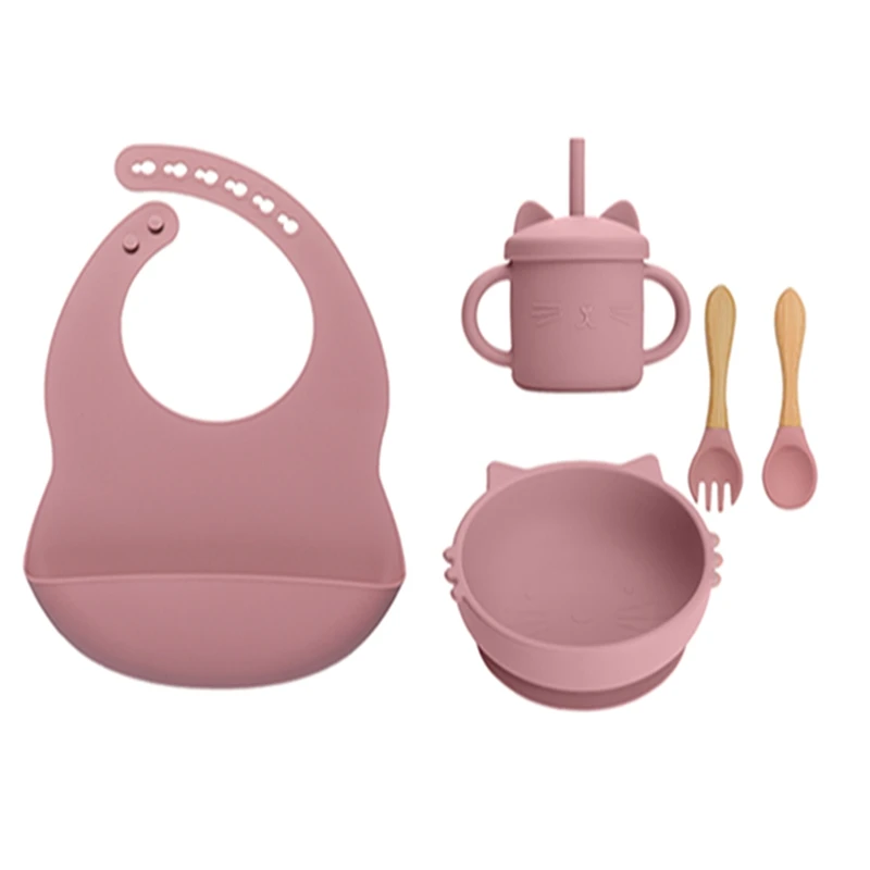 

2/3/5 PCS Baby Silicone Sucker Bowl Plate Cup Bibs Spoon Fork Sets Children Non-slip Tableware Baby Feeding Dishes BPA Free