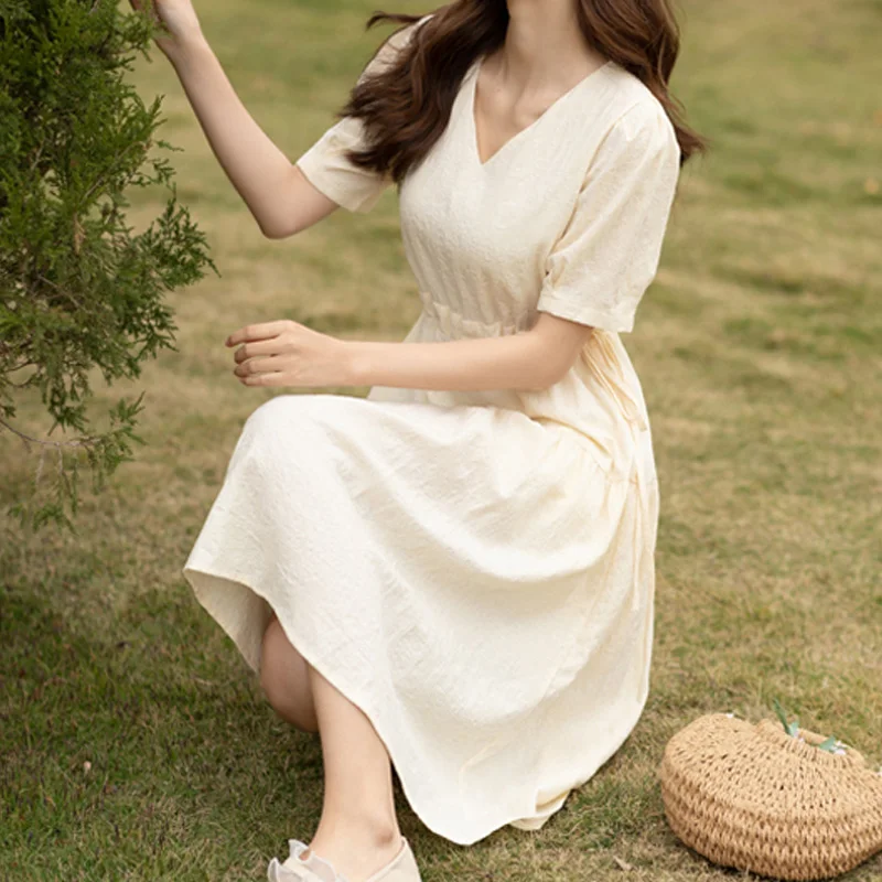 

Summer Dress for Women Korean Fashion Elegant Party Dresses New Sweet Short Sleeve V Neck Long Dress Bodycon Dress Robe 25857