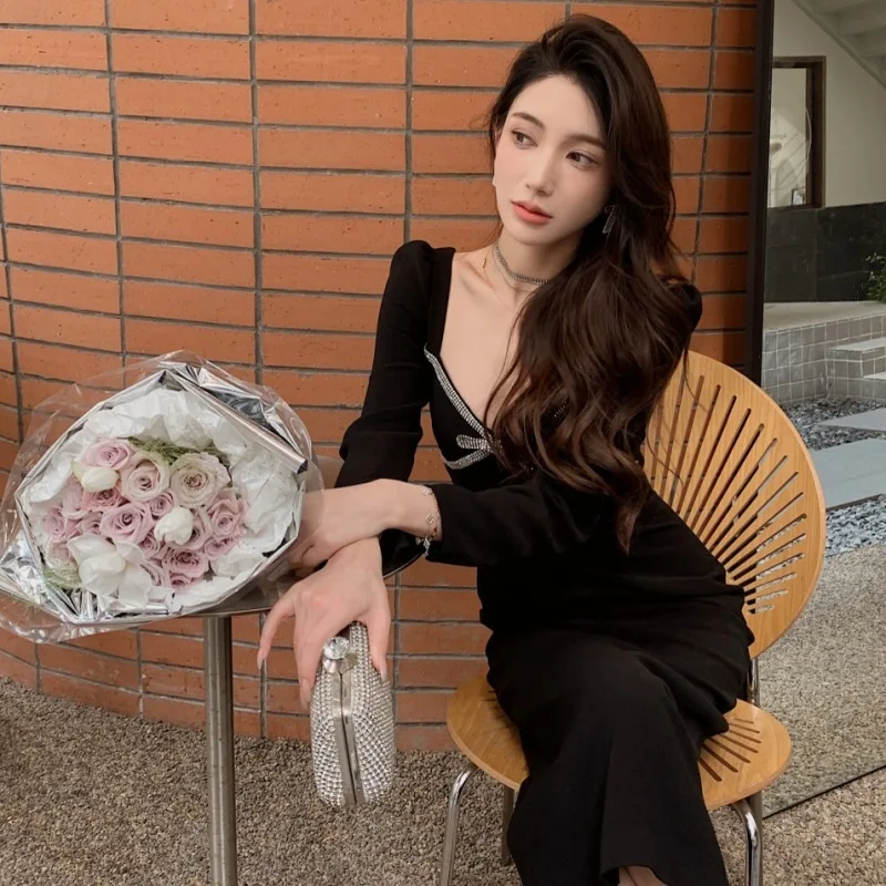 Роскошное осеннее платье миди с длинными рукавами и кристаллами бантом вечерние