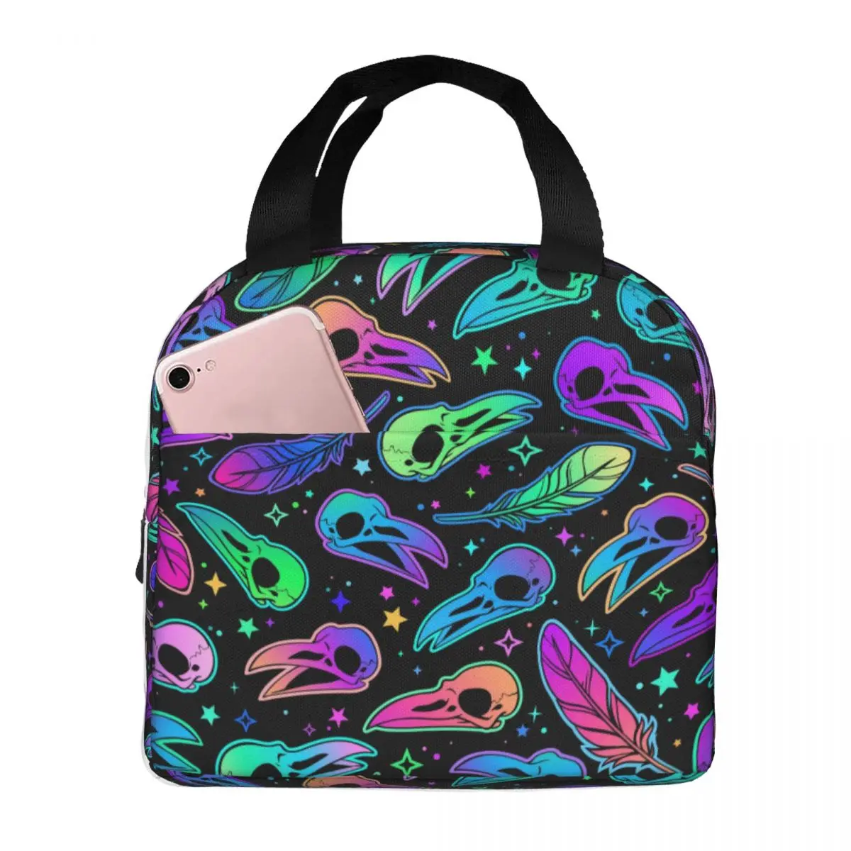 

Bird Skulls And Feathers Cooler Bag Portable Zipper Thermal Lunch Bag Convenient Lunch Box Tote Food Bag
