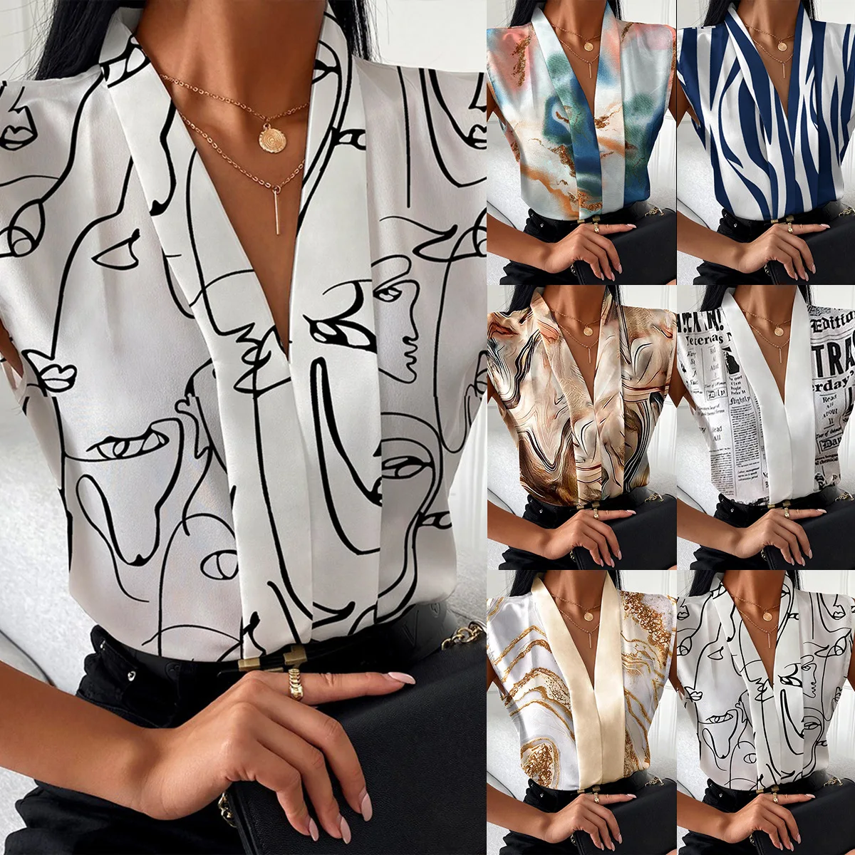 

Summer Women's Top Blouse Fashion Print Tops V-neck Sleeveless Casual Shirt Elegant Party Shirts 2023 New