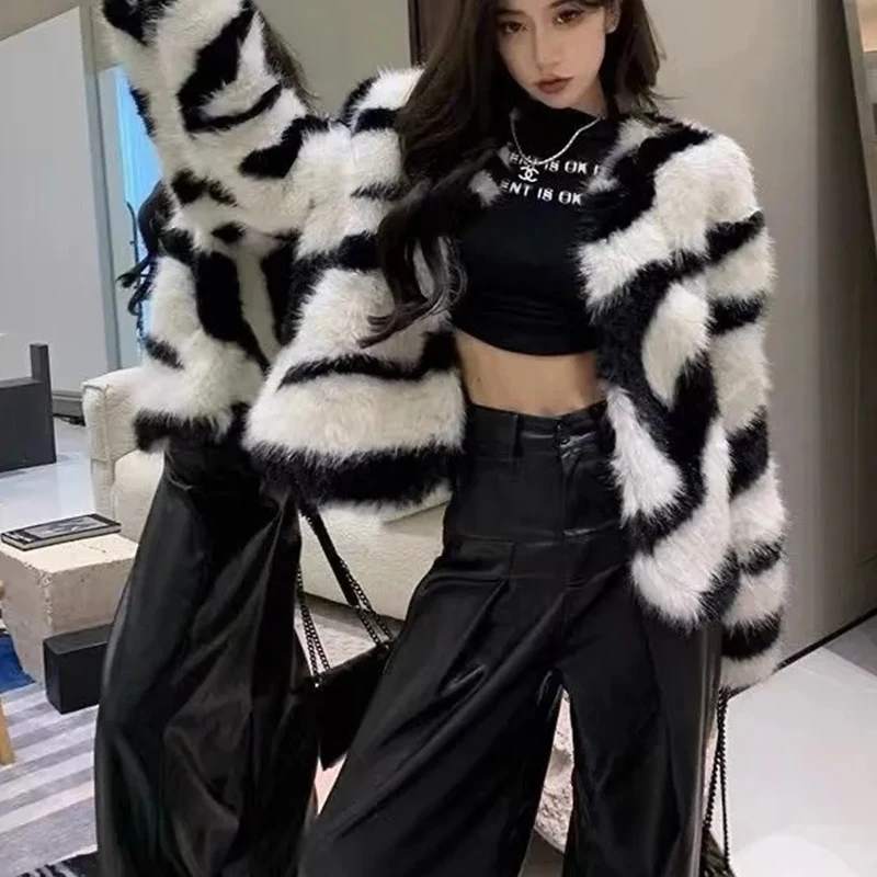 2022 Winter Artificial Faux Fur Coat Fluffy Fashion Zebra Stripes Luxury Women's jacket High Street keep Warm Outerwear