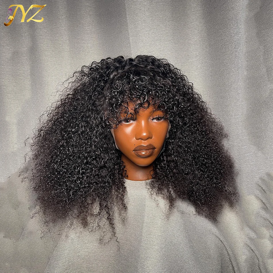 

Afro Kinky Curly With Bangs Human Hair Wigs 13x4 HD Lace Front Wig 4B/4C Afro Curly Wig Fringe Bangs Hair 200% Density JYZ