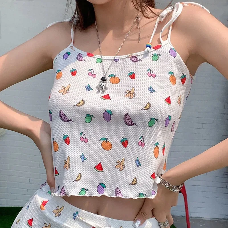 Pajamas for Women Summer Cute Fruit Print  Pijamas Plus Size Sling Pyjamas Loose Comfortable Sleepwear Tow Piece Sets Home Suit