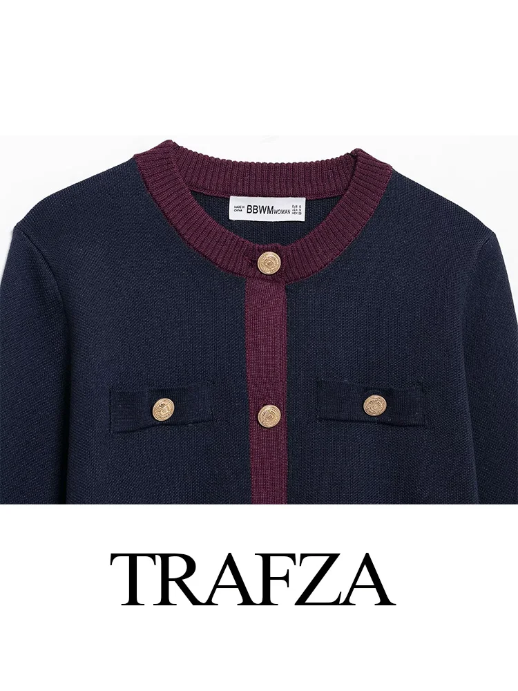 TRAFZA женский элегантный вязаный кардиган с длинными рукавами и круглым вырезом