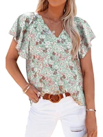 womens short sleeve floral print v neck pullover chiffon shirt for summer