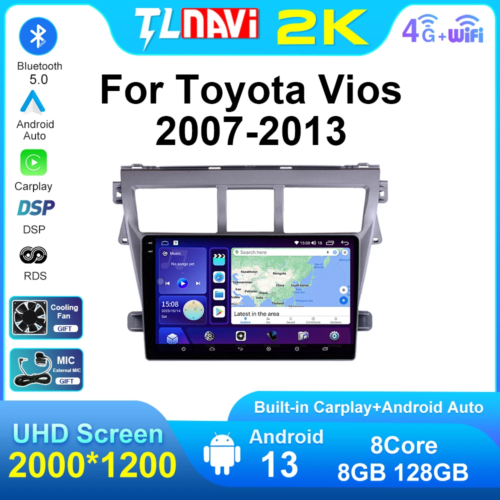 Фото QLED 2K GPS автомобильное стерео радио для Toyota VIOS 2007 2008 2009 2010 2011 2012 2013 Yaris Android 13 мультимедийный плеер Carplay №1