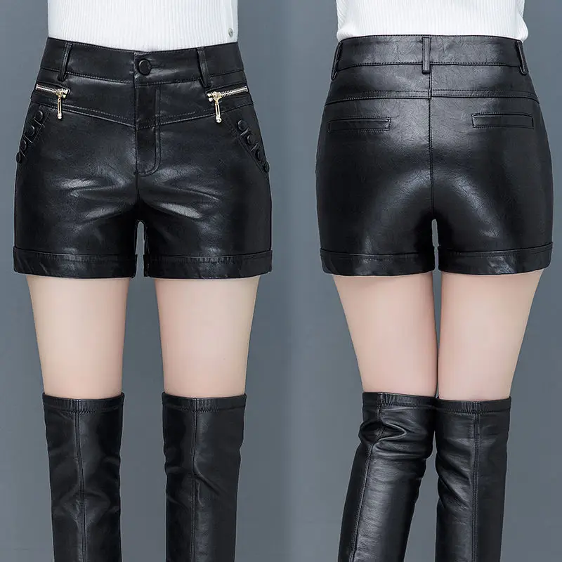 Women's Short Pants PU Leather Shorts Vintage High Waist Ladies Fashion Black Shorts 2022 New Leather Hot Pants Korean