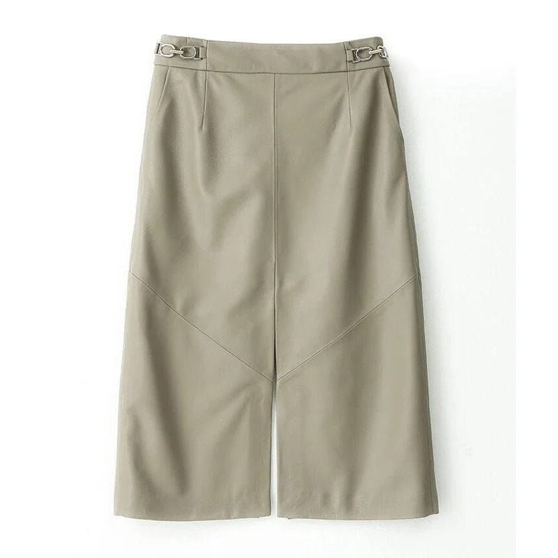Skirt Grey Sheepskin Sexy Midi Long Slim Over Metal Belt Knee-length