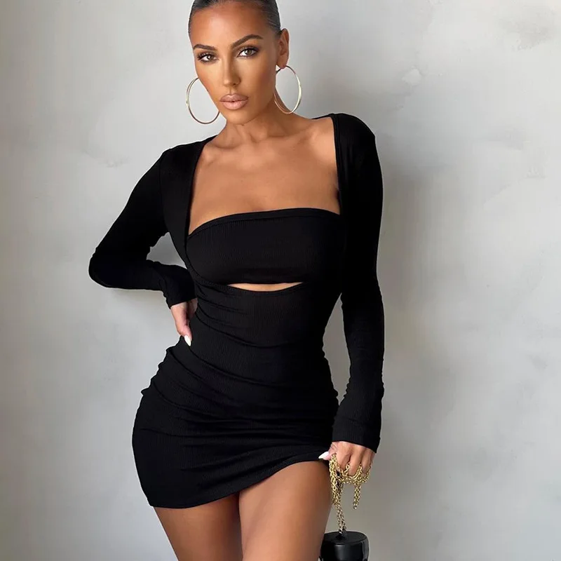 Deep V Collar Strapless Long Sleeves Spring Fall Women Dress Two Pieces Sexy Clubwear Party Vestido