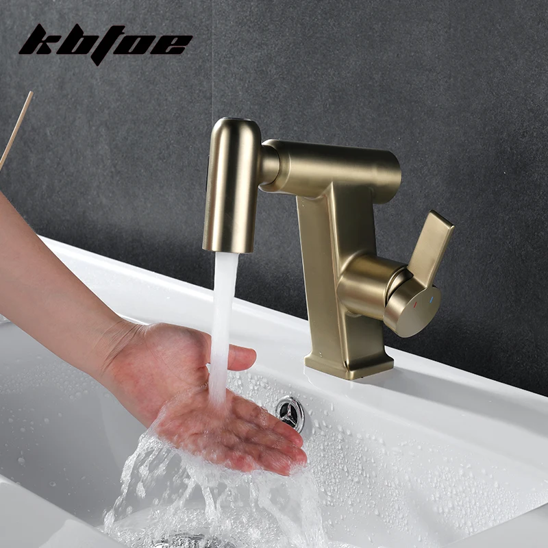 

Brushed Gold Pull Out Sprayer Faucet Deck Mounted Brass Bathroom Household Multi-function Hot Cold Water Vessel Sink Mixer Tap