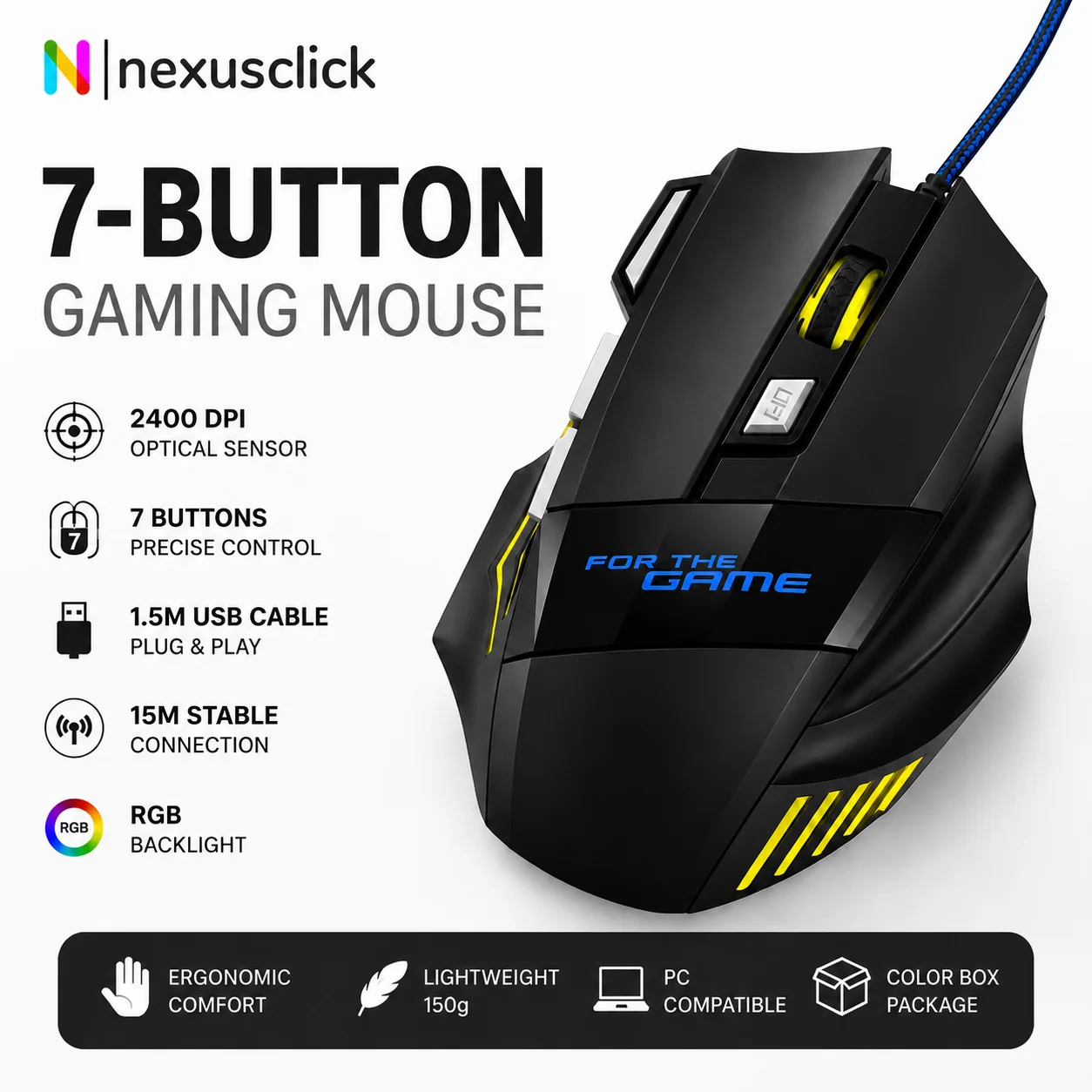 Фото Проводная USB-мышь для игр с эргономичным дизайном, RGB-подсветкой, 7 кнопками, регулируемым DPI, для геймеров, ПК, ноутбуков и компьютеров. №5