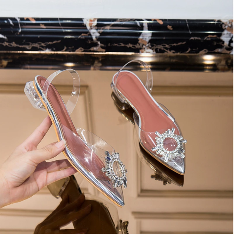 European and American ladies new summer high heels sun buckle rhinestone decorative pointed transparent jelly shoes