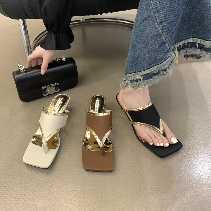 

New Fashion Square Toe Heeled Flip Flops Women Luxury Thong Slipper Sandals Ladies Brand Design Elegant Summer Party Shoes