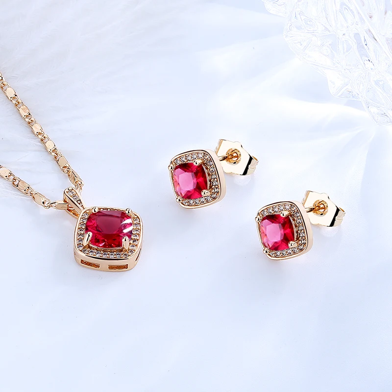 XINHUI Fashion Jewelry Set for Women Square Crystal Pendants Earrings Ring Sets Bridal Decoration Colorful Three Piece Gifts images - 6