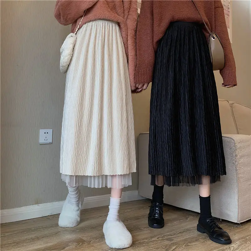 

Mesh skirt women wear super fairy on both sides, high waist, thin autumn and winter pleated skirt, mid-length A-line skirt y2k