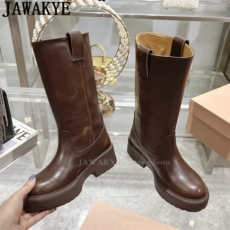 Замшевые Кожаные Сапоги до колена с круглым носком на толстой подошве женские