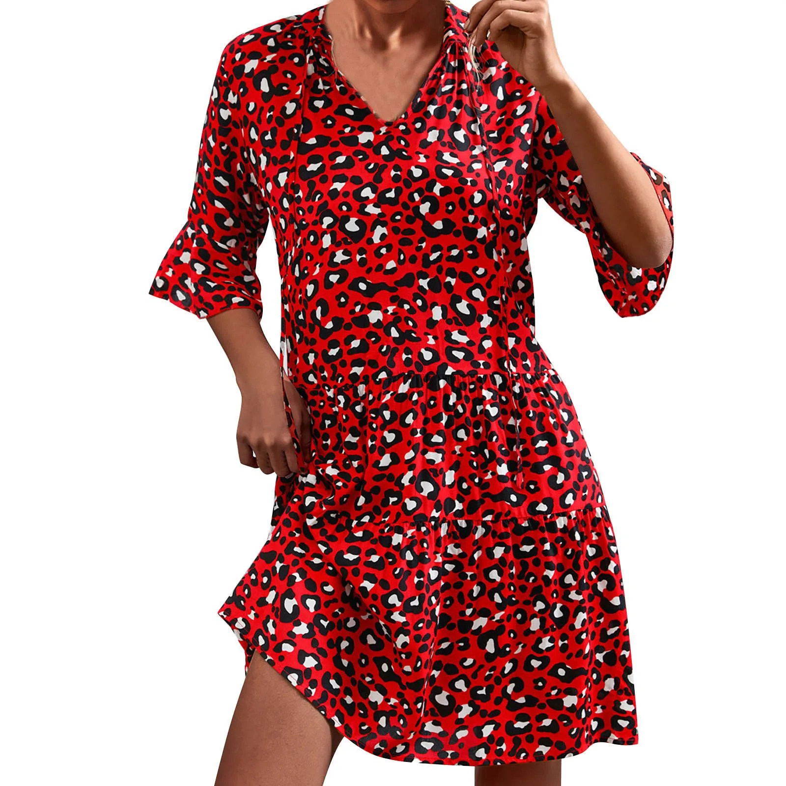 

Fashion Womens Loose Summer Sexy V-Neck Bell Sleeve Printed Short Sleeve Dress Summer One-Piece Dress Woman Clothing 2023