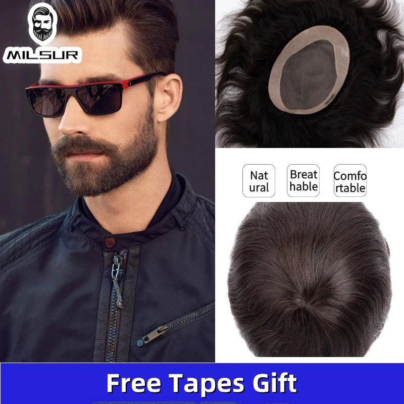 Men Hair Toupee Fine Mono Men's Wig Durable Capillary Prosthesis 6inch Handmade Mens Wigs Human Hair Tupee System 130% Density