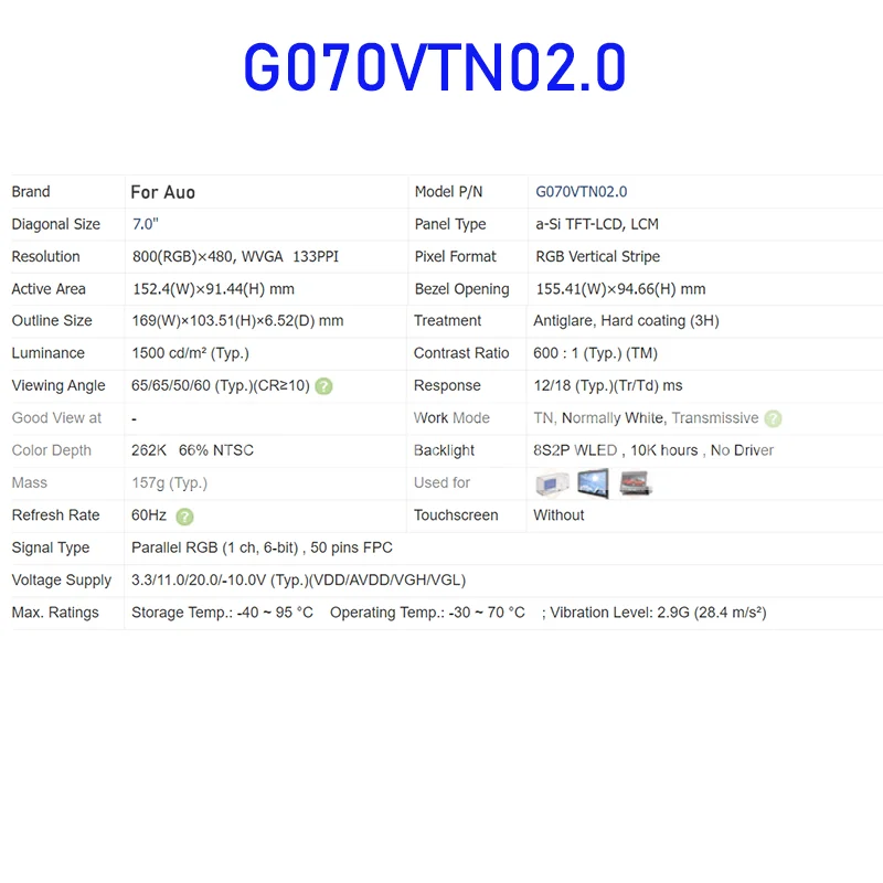 G070VTN02.0 7 0-дюймовый ЖК-экран оригинальная панель для Auo новинка 50 контактов FPC