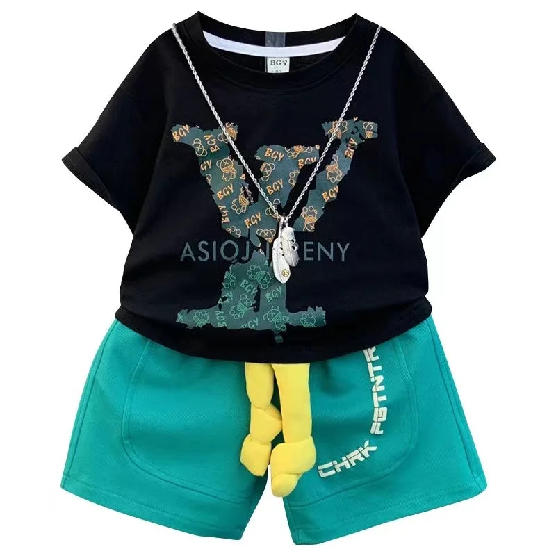 2 шт. футболка с коротким рукавом и синие брюки для мальчиков