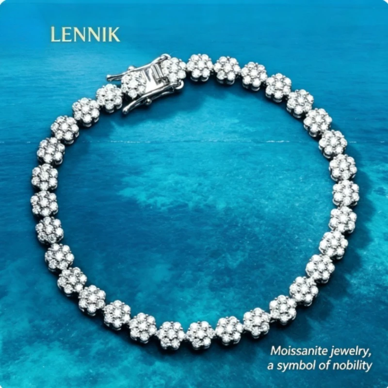 Фото Браслет-цепочка LENNIK Flower Full с муассанитами 1,5 мм цвета D, серебро 925 пробы, сертифицированный GRA, для женщин, свадебный №1