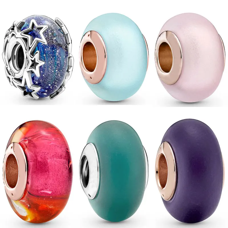

New 925 Sterling Silver Charm Glittering Sunset Matte Pink Galaxy Blue & Star Murano Glass Bead Fit Popular Bracelet Diy Jewelry
