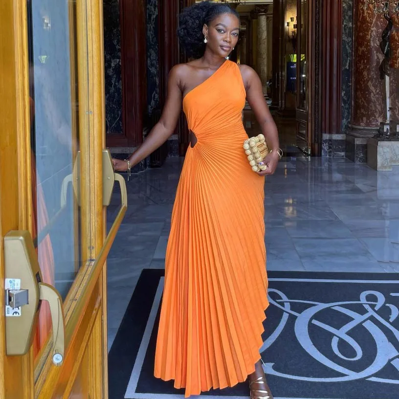 

One Shoulder Folds Satin Dress Elegant Women Clothing Floor Length Sleeveless Evening Dresses Woman Orange Long Prom Dress