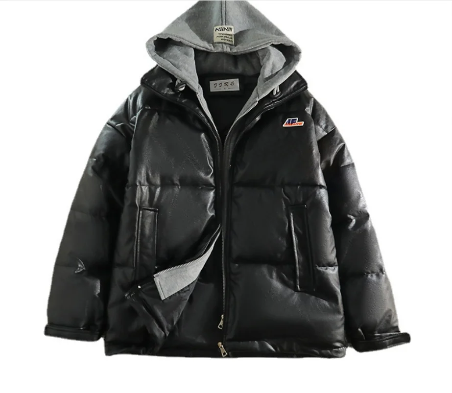 Pu lint coat men's winter thickened hooded cotton coat loose couple jacket