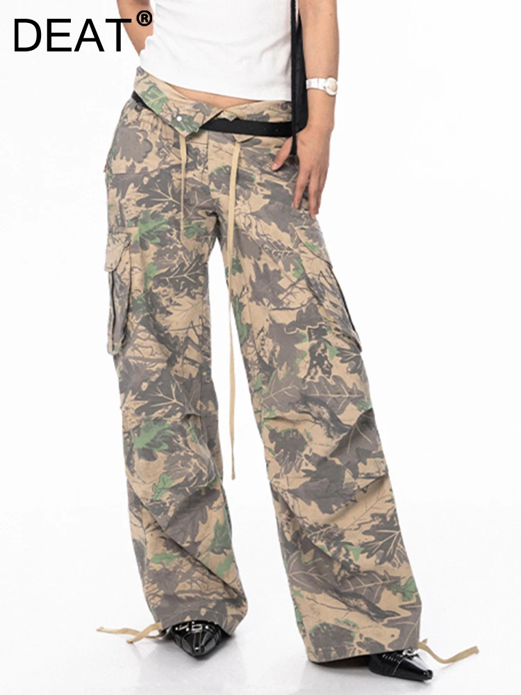

DEAT Fashion Women Camouflage Pants High Waist Drawstring Pockets Wide Leg Floor-length Trousers Summer 2023 New Tide 17A9630