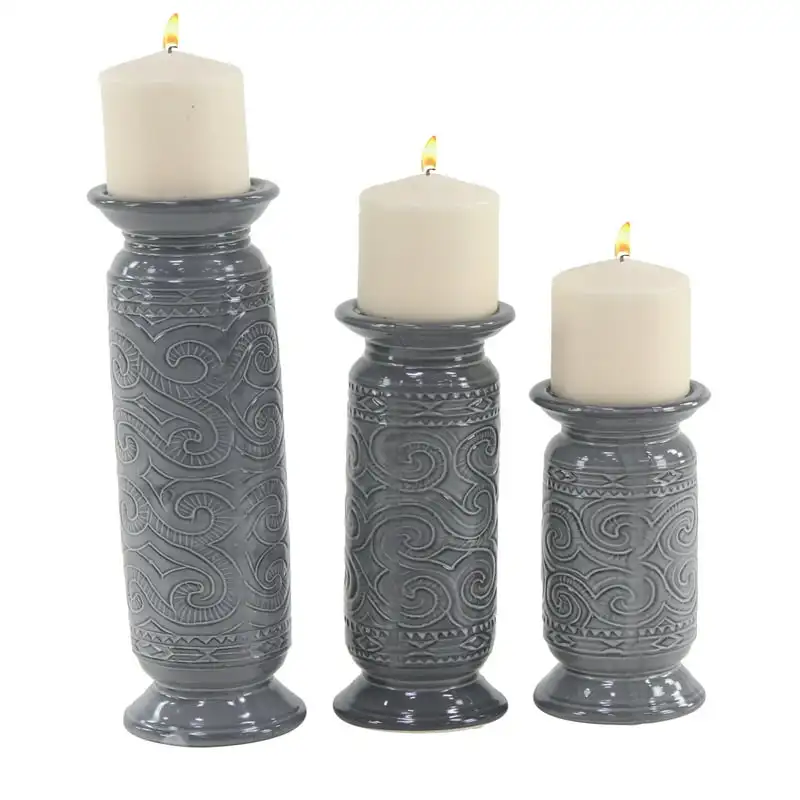 

9, 12 And 15 Inch Gray Cylindrical Ceramic Candle Holders - Set Of 3