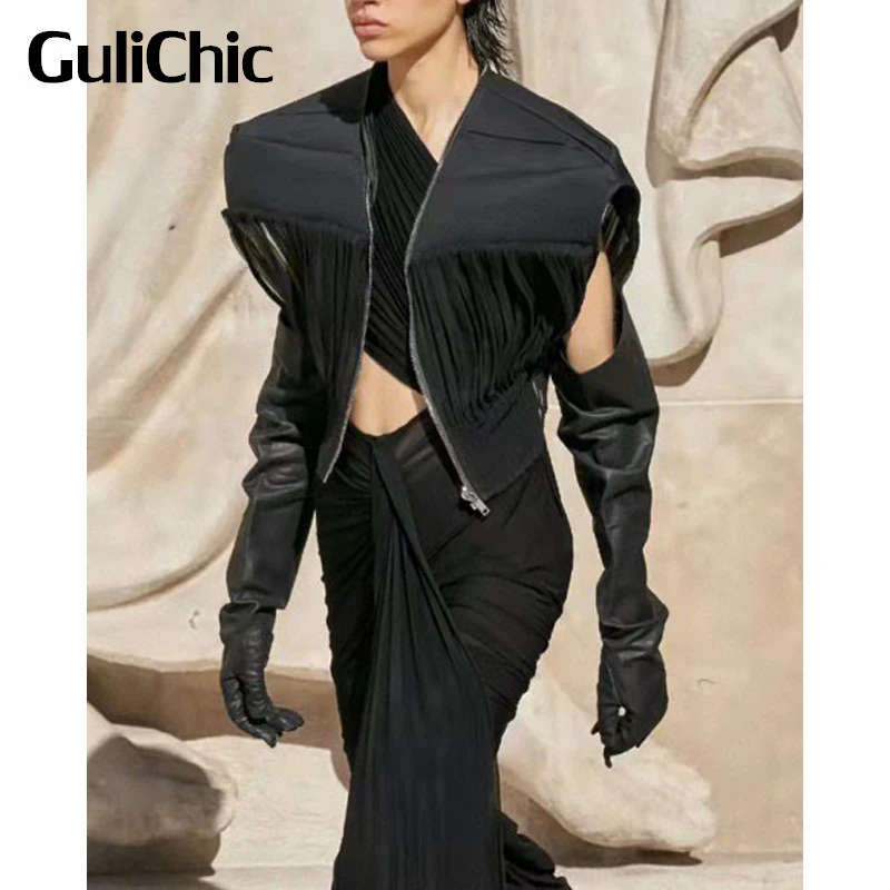 

5,28 GuliChic Женская мода сетка пэчворк джинсовый плиссированный контрастных цветов без рукавов на молнии короткий жилет куртка