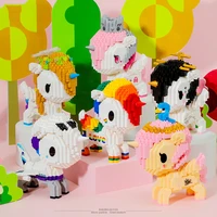 girl building block toy cartoon rainbow pony model doll unicorn animal diy assembly brick childrens educational toy collection