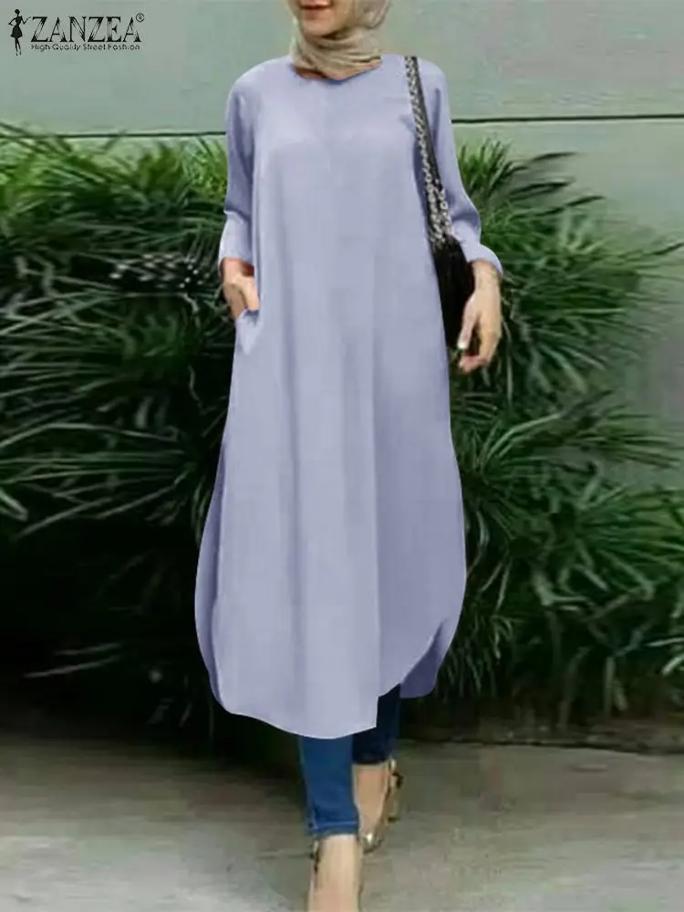 Платье ZANZEA женское с длинным рукавом, мусульманский сарафан средней длины с разрезом на подоле, Caftan Дубай, Турция Abaya, Hijab, одежда на лето