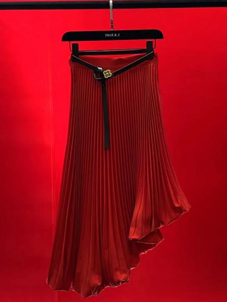 2023 Spring New Small Tall Waist Slim A-line Pleated Skirt Design Sense Small Red Fishtail Half length Skirt