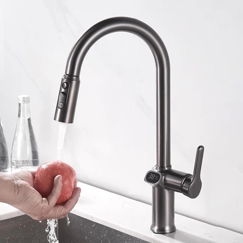 Светодиодный дисплей температуры кухонный кран выдвижной 3-режимный смеситель
