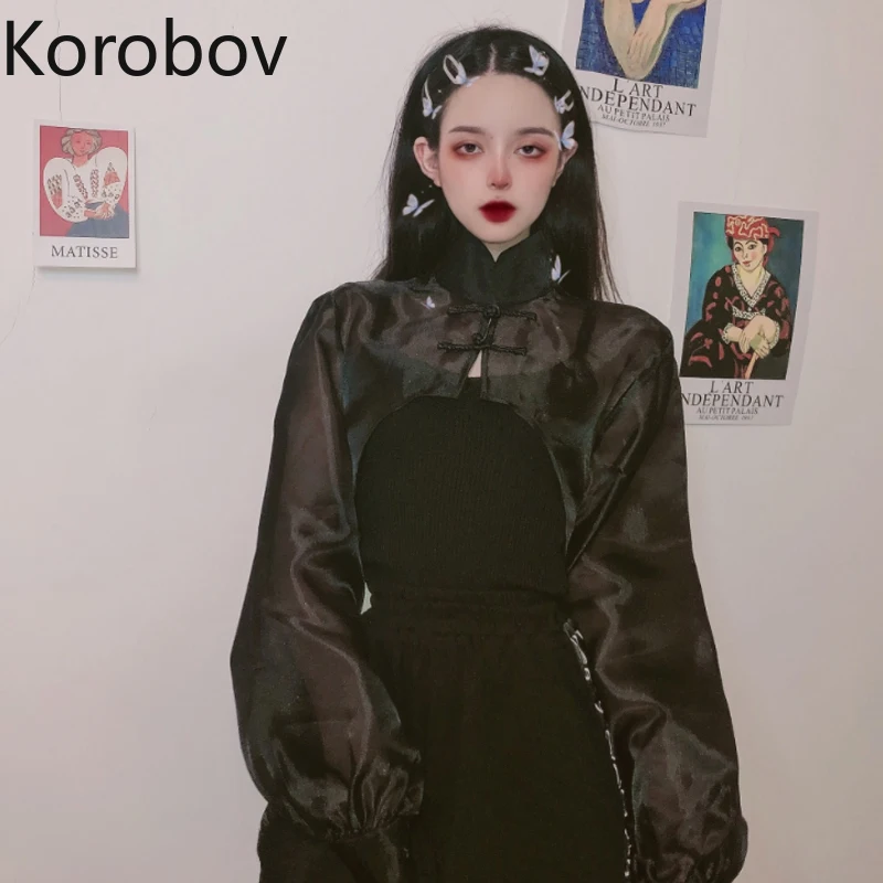 

Korobov Japan Style Cropped Jacket New Women Thin Coat Korean Perspective Mesh Blouses Batwing Sleeve Blusas Mujer De Moda 2022