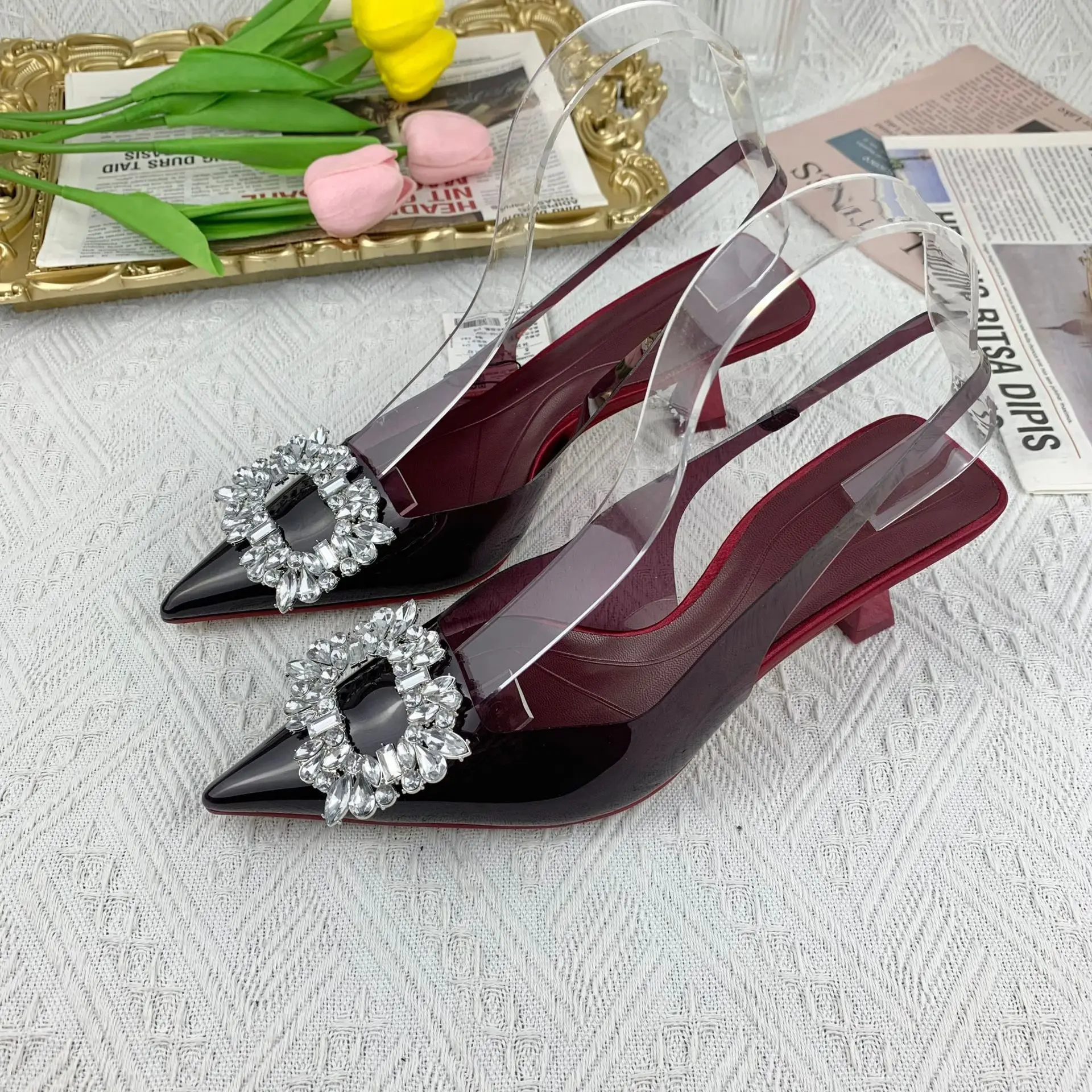 New Women Transparent Pumps Woman Rhinestone Sandals 2023 Spring Summer Sexy Party Pumps Stiletto Pointed Toe Slingback Heels