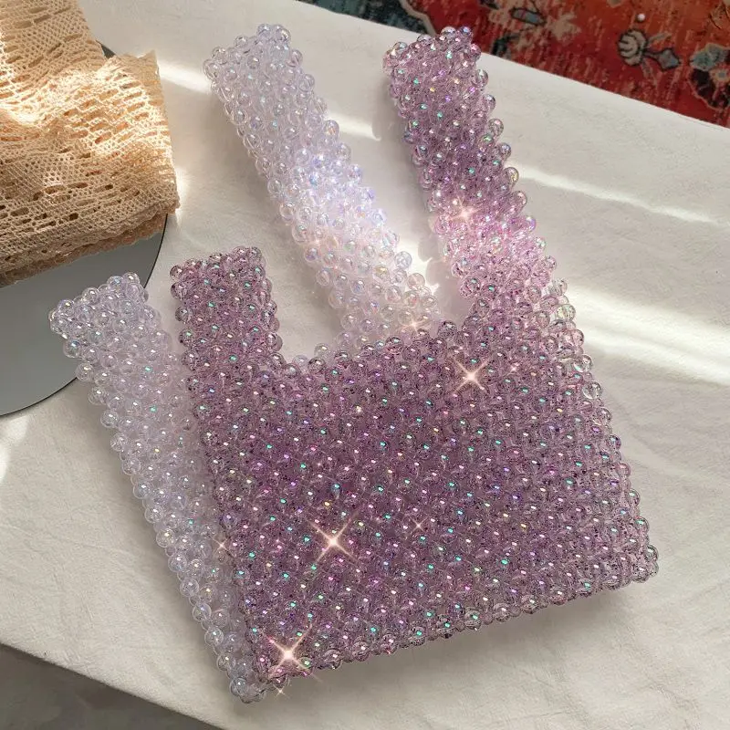Women Vintage Cross Knot Wrist Bag Handmade Crystal Beaded Bag Small Beaded Bag Evening Party Clutch Simple Mobile Phone Key Bag