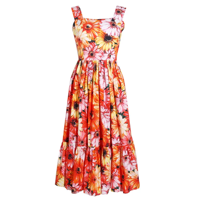 

Женское летнее приталенное платье-трапеция с цветочным принтом, без рукавов