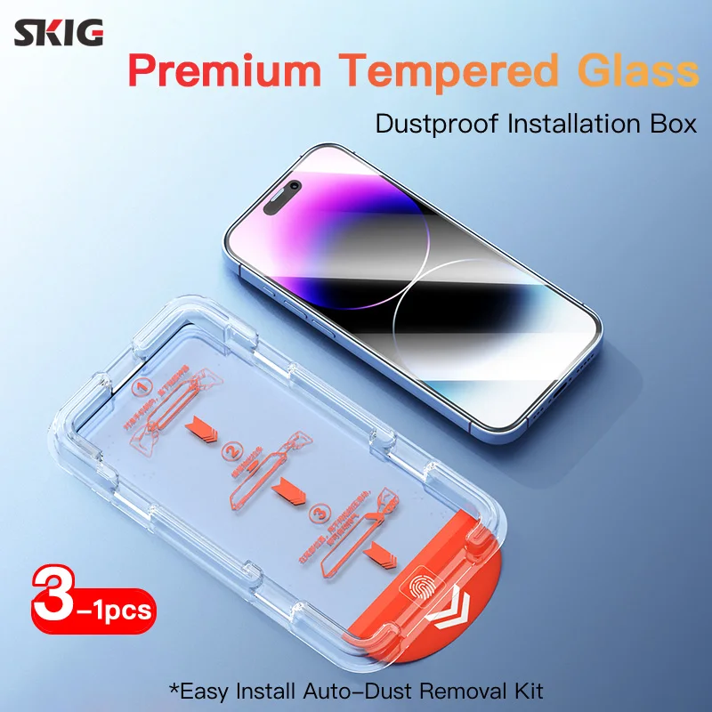 

SKIG 1-3PCS Premium Tempered Glass for iPhone 15 14 13 12 Pro Max Plus Full Cover Screen Protector With Auto-Dust Removal Kit