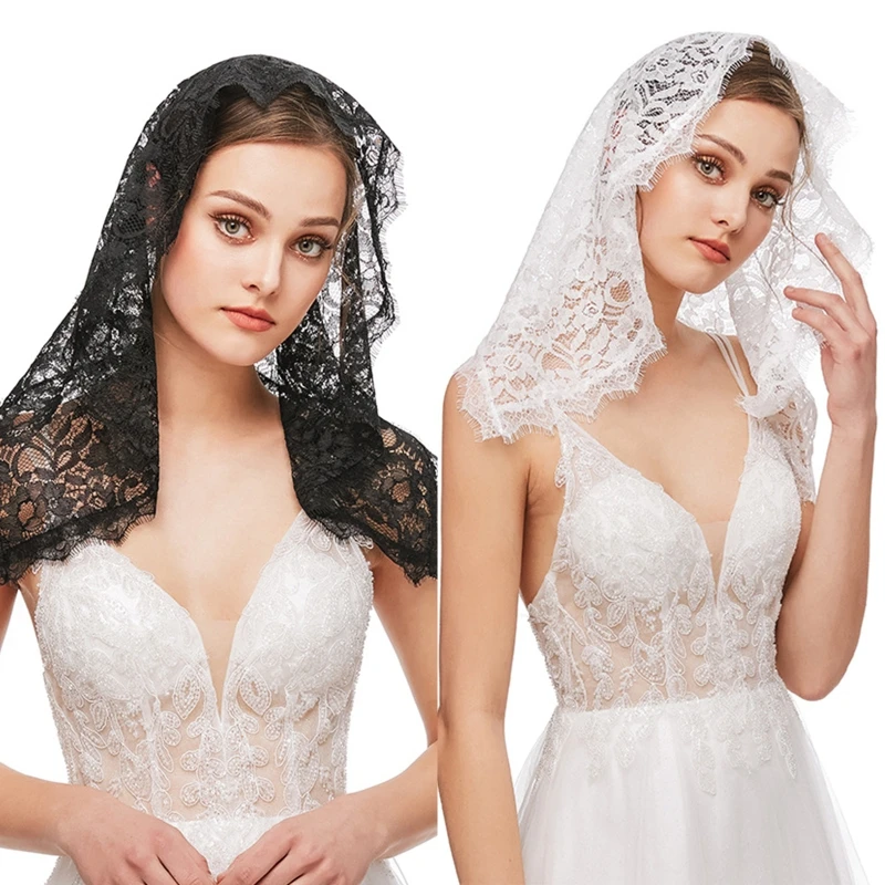 

L21E Lace Mantilla Veil Beautiful Floral Design Head Covering for Women Girls Catholic Church Veils for Chapels Short Scarf