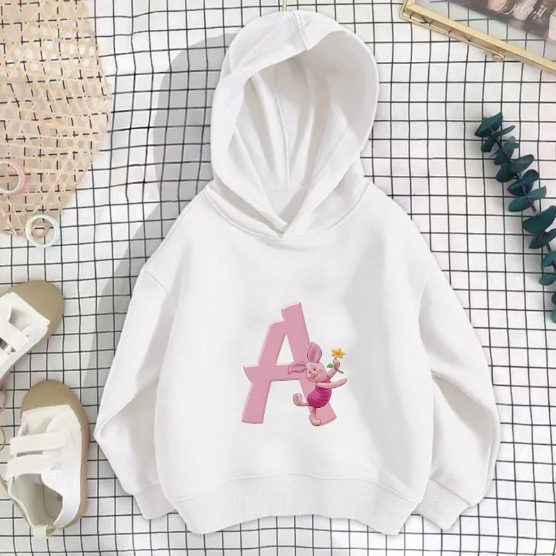 

New Disney Piglet Children Hoodies Letter A -Z Winnie The Pooh Pullover Anime Cartoons Casual Clothes Girls Boys Kid Kawaii Tops