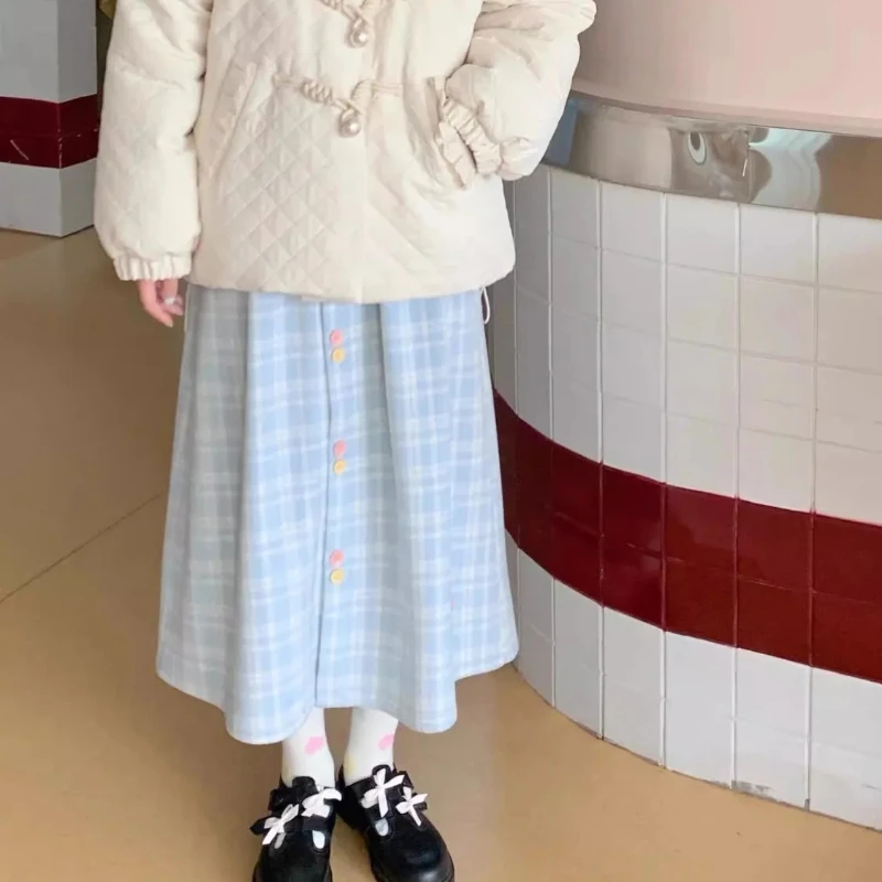Фото Sweet Kawaii Mori Girl Style Синяя клетчатая длинная юбка трапециевидной формы Женская осенне-зимняя японская милая твидовая свободная макси-юбка с высокой талией №1